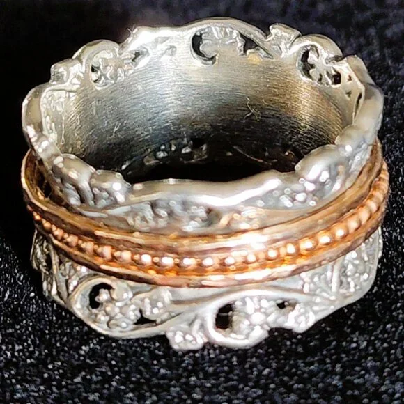 Or Paz / Paz Creations Sterling Silver 925 & Rose Gold Wide Band Spinner Ring - Picture 2 of 5